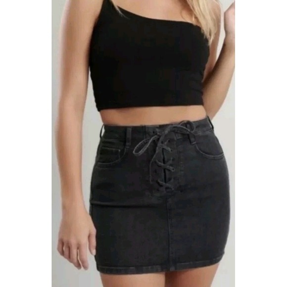 Garage Dresses & Skirts - Garage Black Denim Lace Front Mini Skirt Sz. M Festival Wear City Punk Going Out